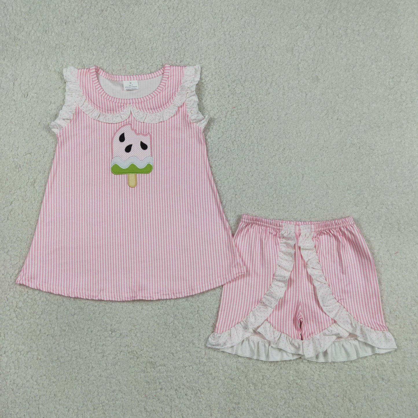 GSSO3238 Baby Girls Pink Stripe Embroidery Popsicle Tunic Ruffle Short Clothes Set