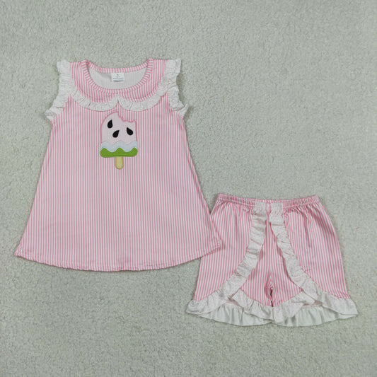 GSSO3238 Baby Girls Pink Stripe Embroidery Popsicle Tunic Ruffle Short Clothes Set