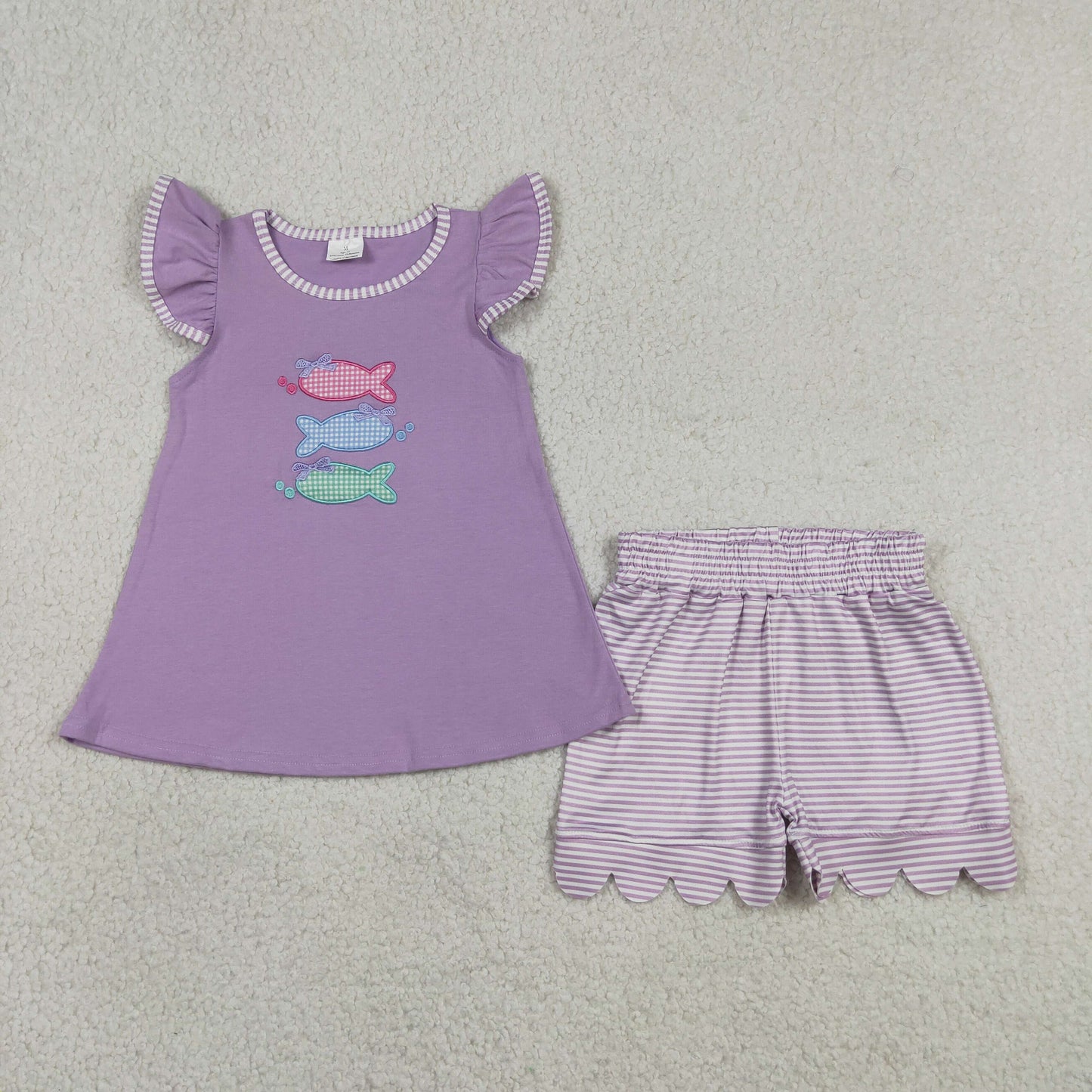 Sibling Baby Kids Embroidery Fishes Top Stripe Short Hunting Clothes Set Rompers