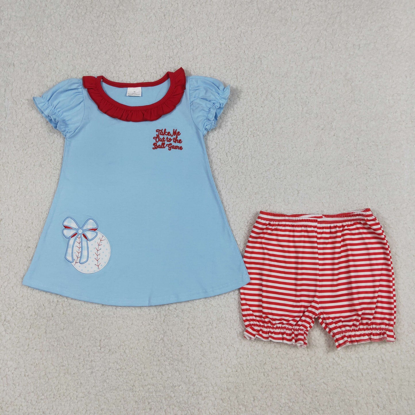 GSSO3245 Baby Girls Embroidery Bow Baseball Tunic Stripe Ruffle Short Team Clothes Set