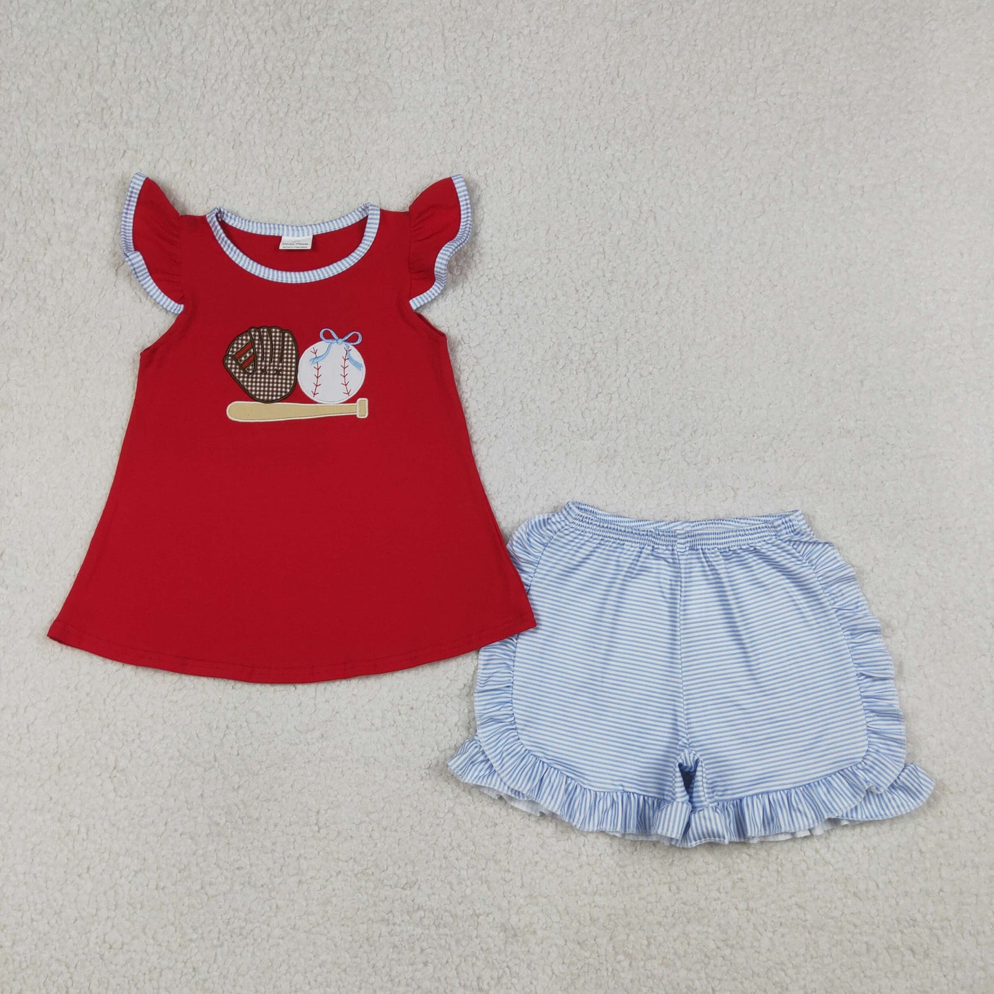 GSSO3246 Baby Girls Embroidery Baseball Tunic Stripe Ruffle Short Team Clothes Set