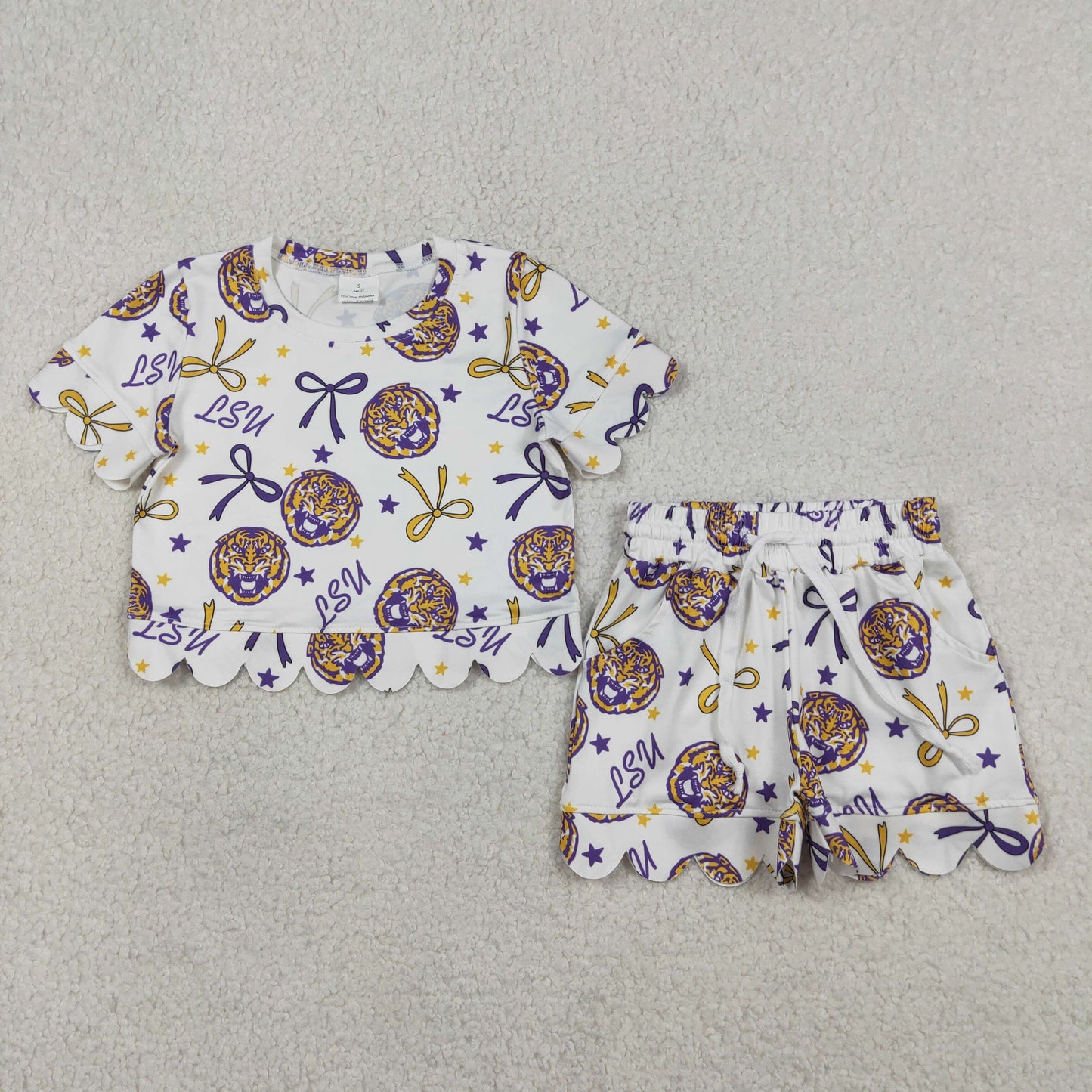 Sibling Baby Girls Bows Team Top Pockets Short Scallop Clothes Sets