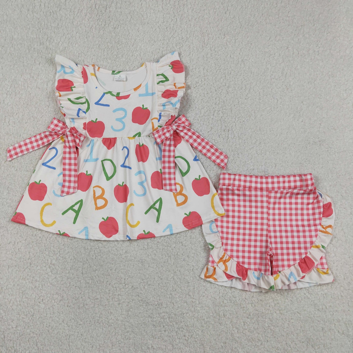 GSSO3258 Baby Girls Flutter Sleeve Apples ABC Tunic Ruffle Short Back to School Clothes Set
