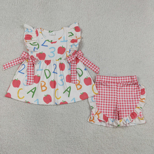 GSSO3258 Baby Girls Flutter Sleeve Apples ABC Tunic Ruffle Short Back to School Clothes Set