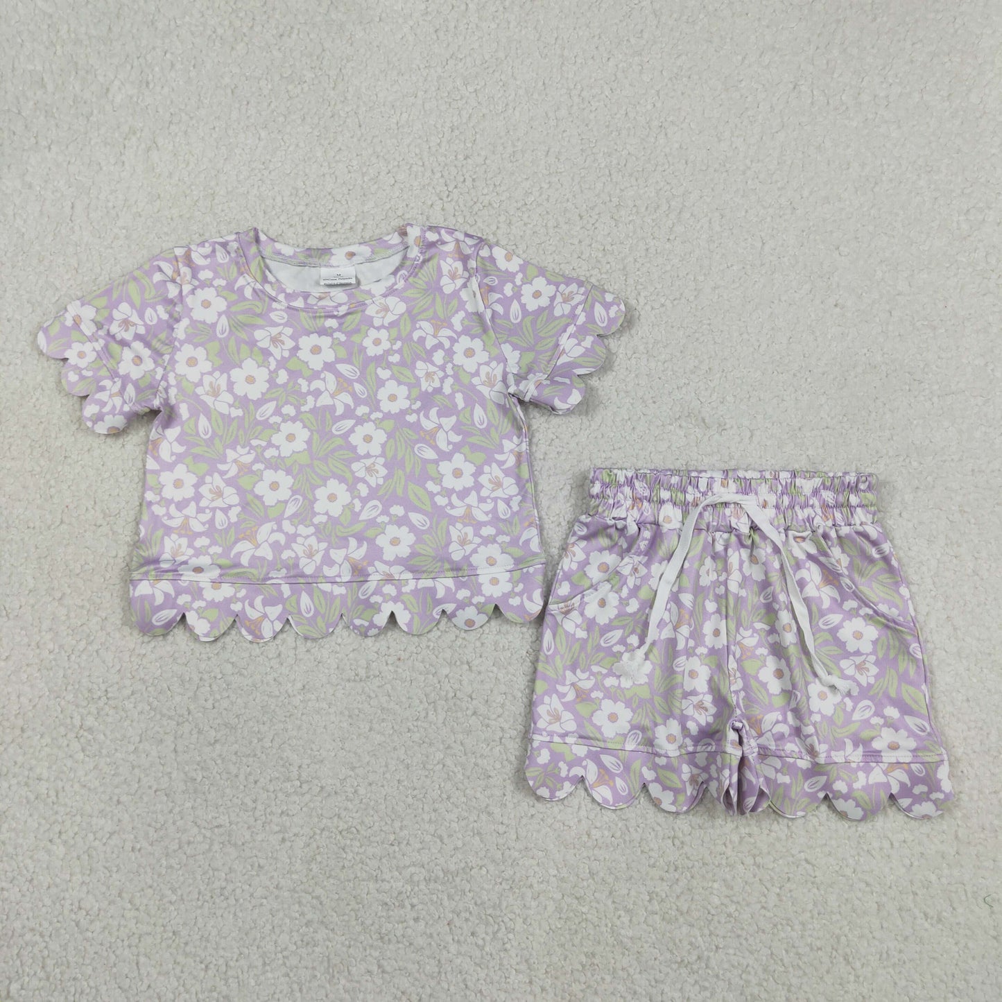 Sibling Baby Girls Colorful Flowers Top Pockets Shorts Scallop Clothes Sets