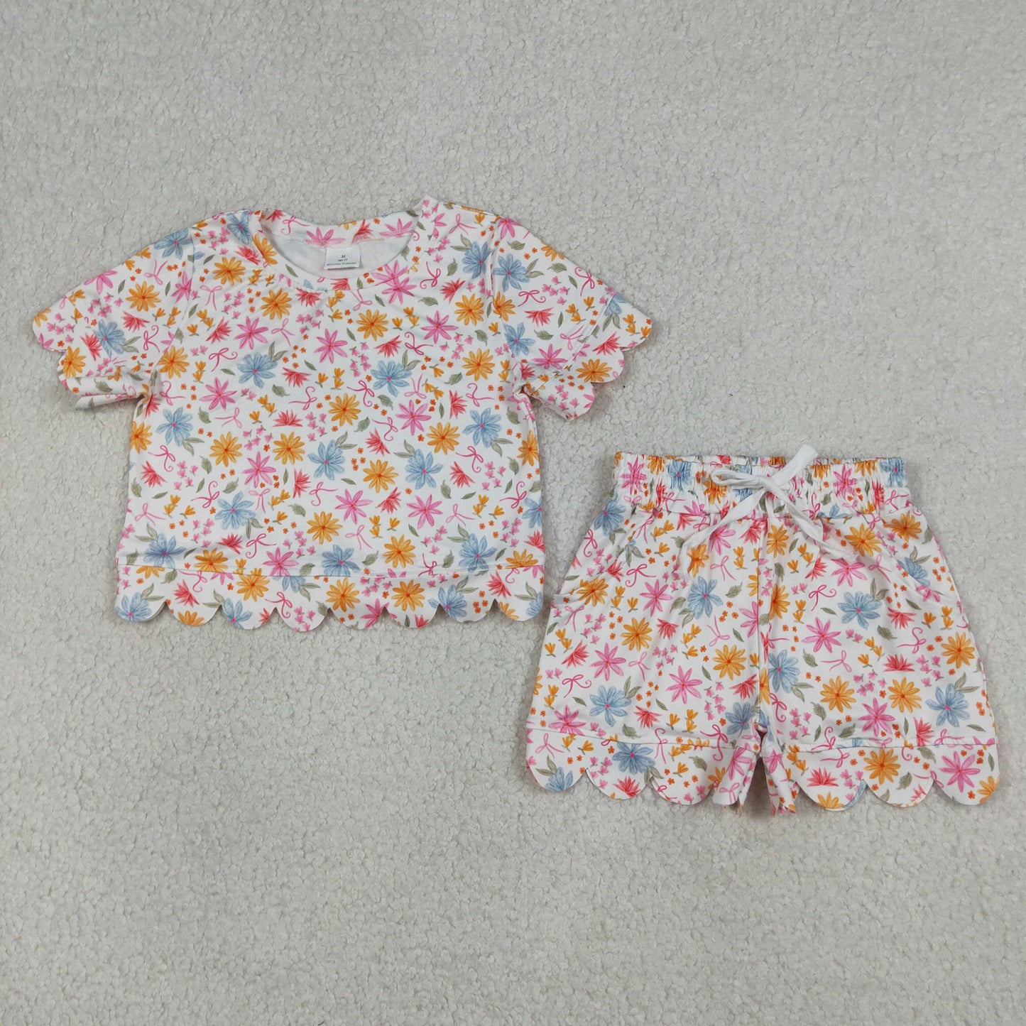Sibling Baby Girls Colorful Flowers Top Pockets Shorts Scallop Clothes Sets