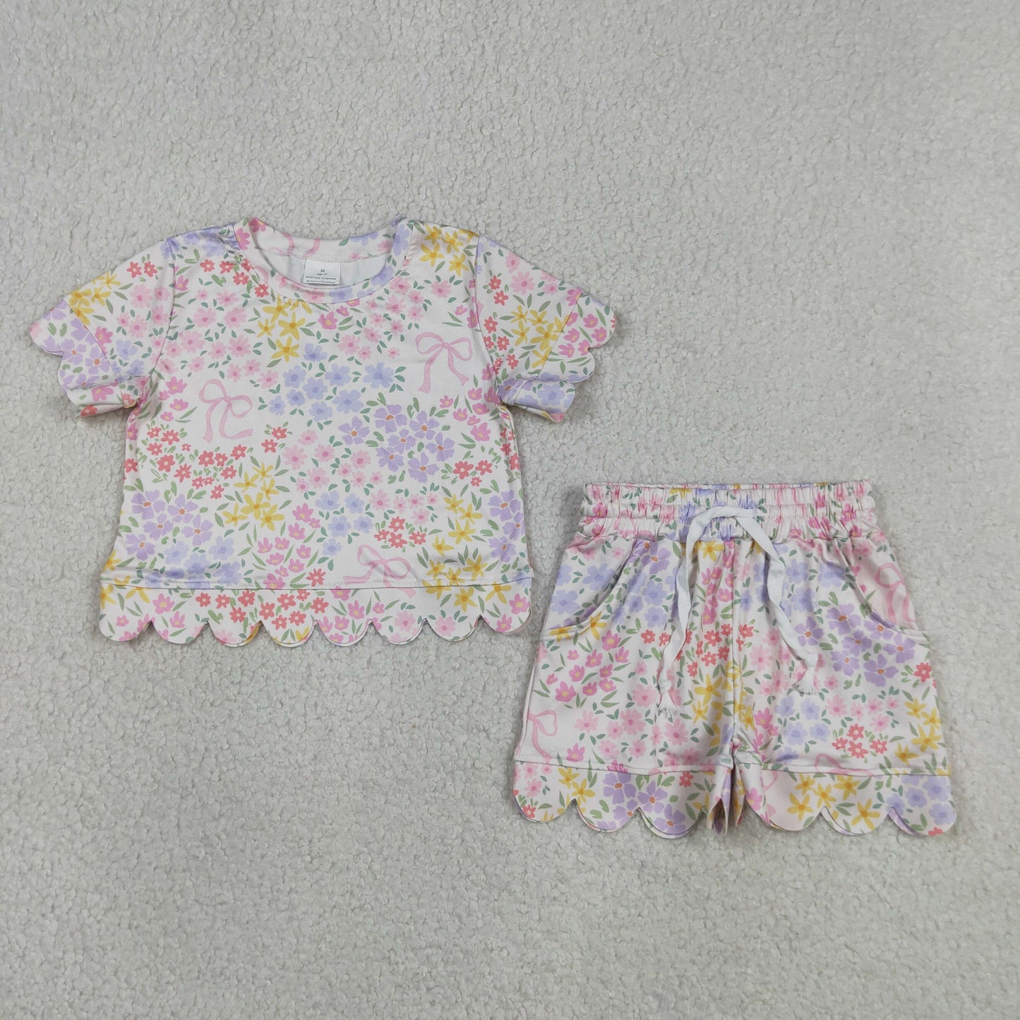 Sibling Baby Girls Colorful Flowers Top Pockets Shorts Scallop Clothes Sets