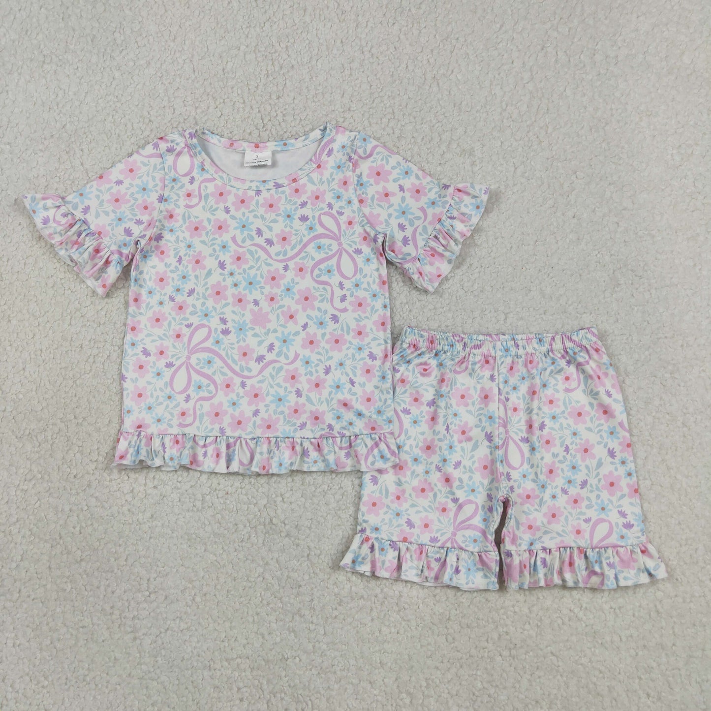 GSSO3322 Baby Girls Colorful Flowers Bows Top Ruffle Short Pajamas Set