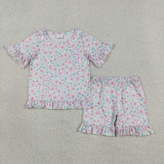 GSSO3322 Baby Girls Colorful Flowers Bows Top Ruffle Short Pajamas Set