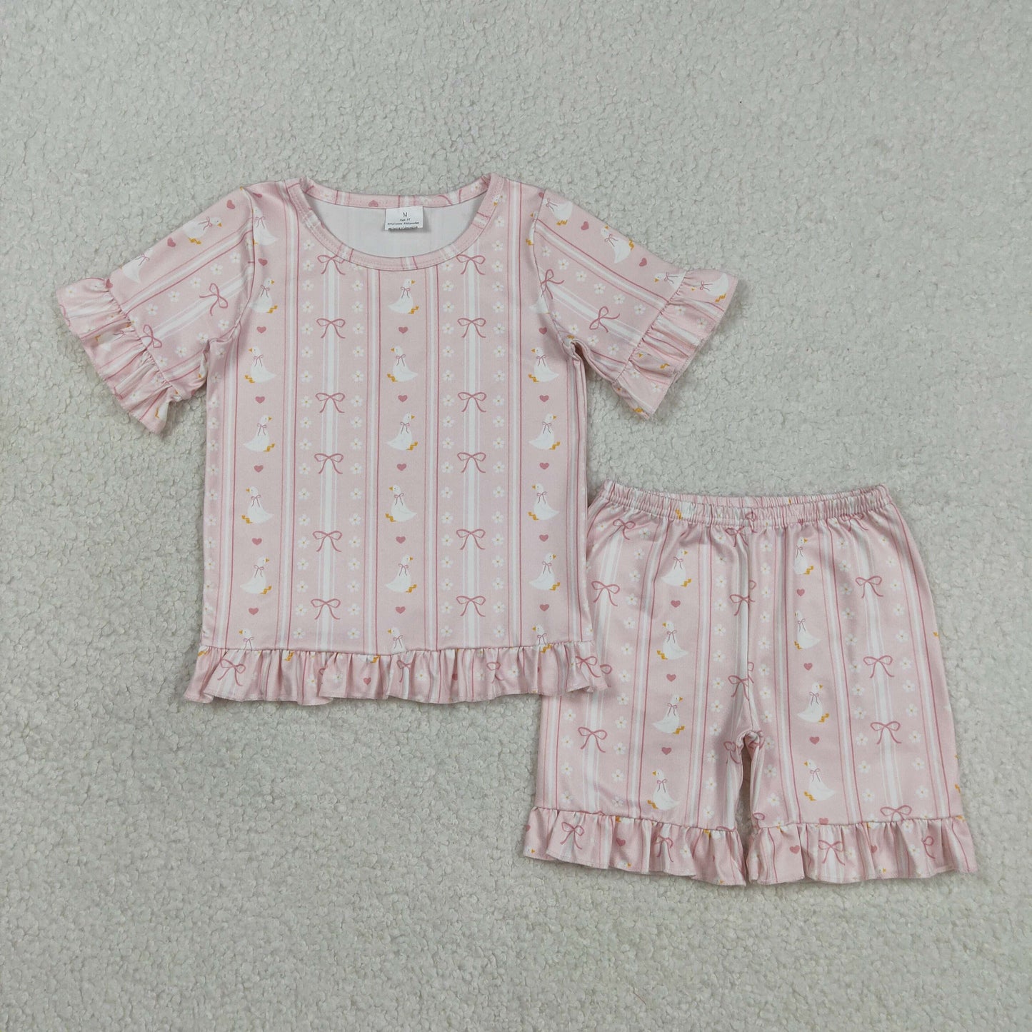 GSSO3330 Baby Girls Pink Bows Gooses Stripe Top Ruffle Shorts Clothes Sets