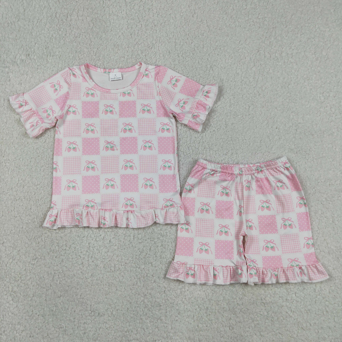 GSSO3342 Baby Girls Pink Bows Strawberry Checked Top Ruffle Short Clothes Set