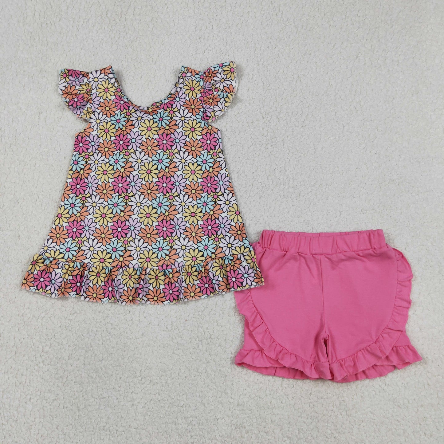 GSSO3353 Baby Girls Colorful Flowers Back Bows Tunic Ruffle Short Clothes Set