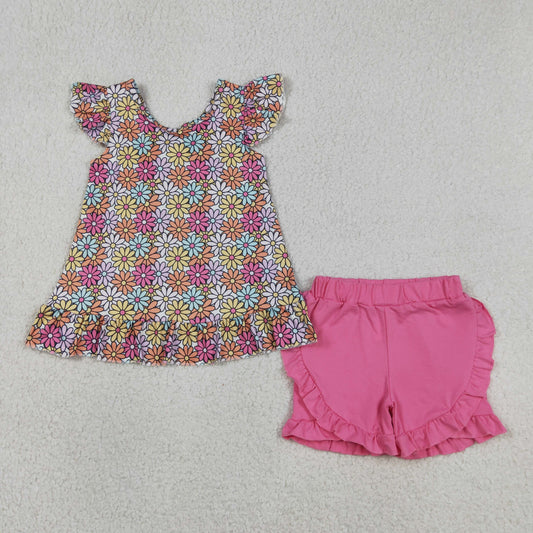 GSSO3353 Baby Girls Colorful Flowers Back Bows Tunic Ruffle Short Clothes Set