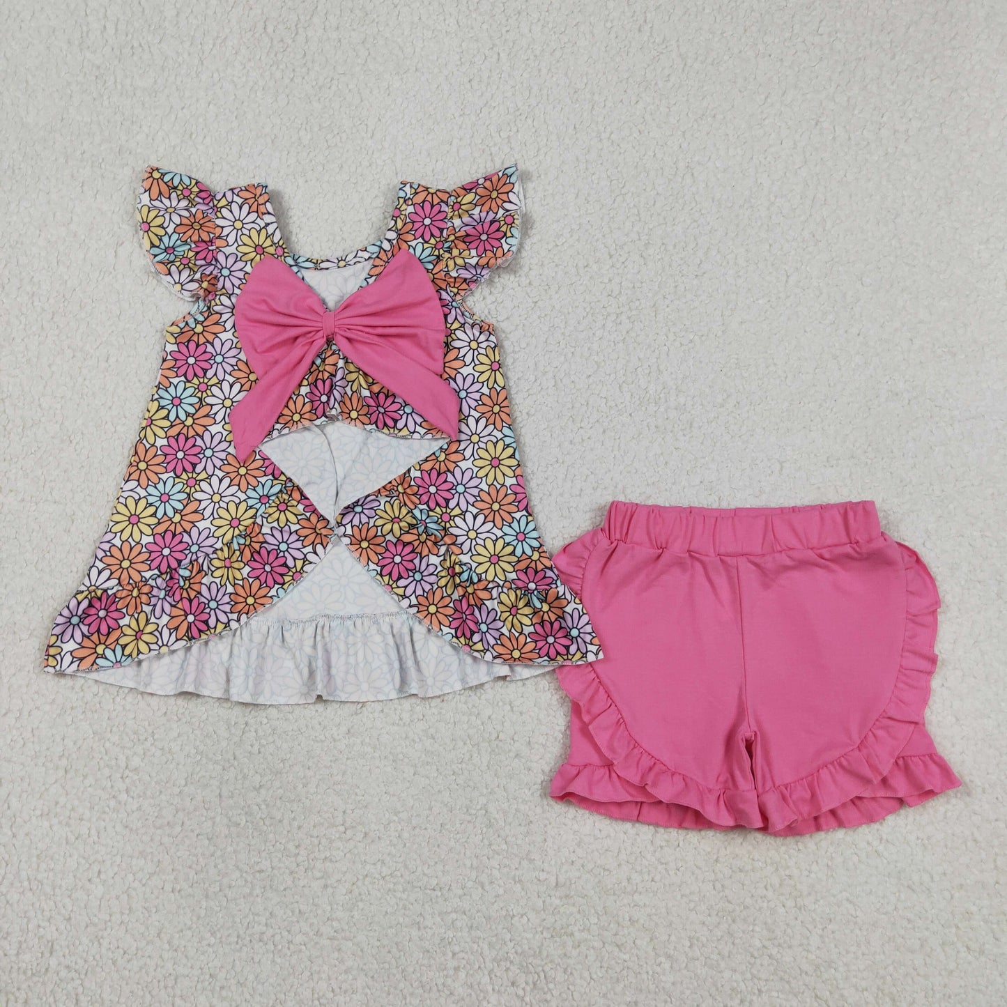 GSSO3353 Baby Girls Colorful Flowers Back Bows Tunic Ruffle Short Clothes Set