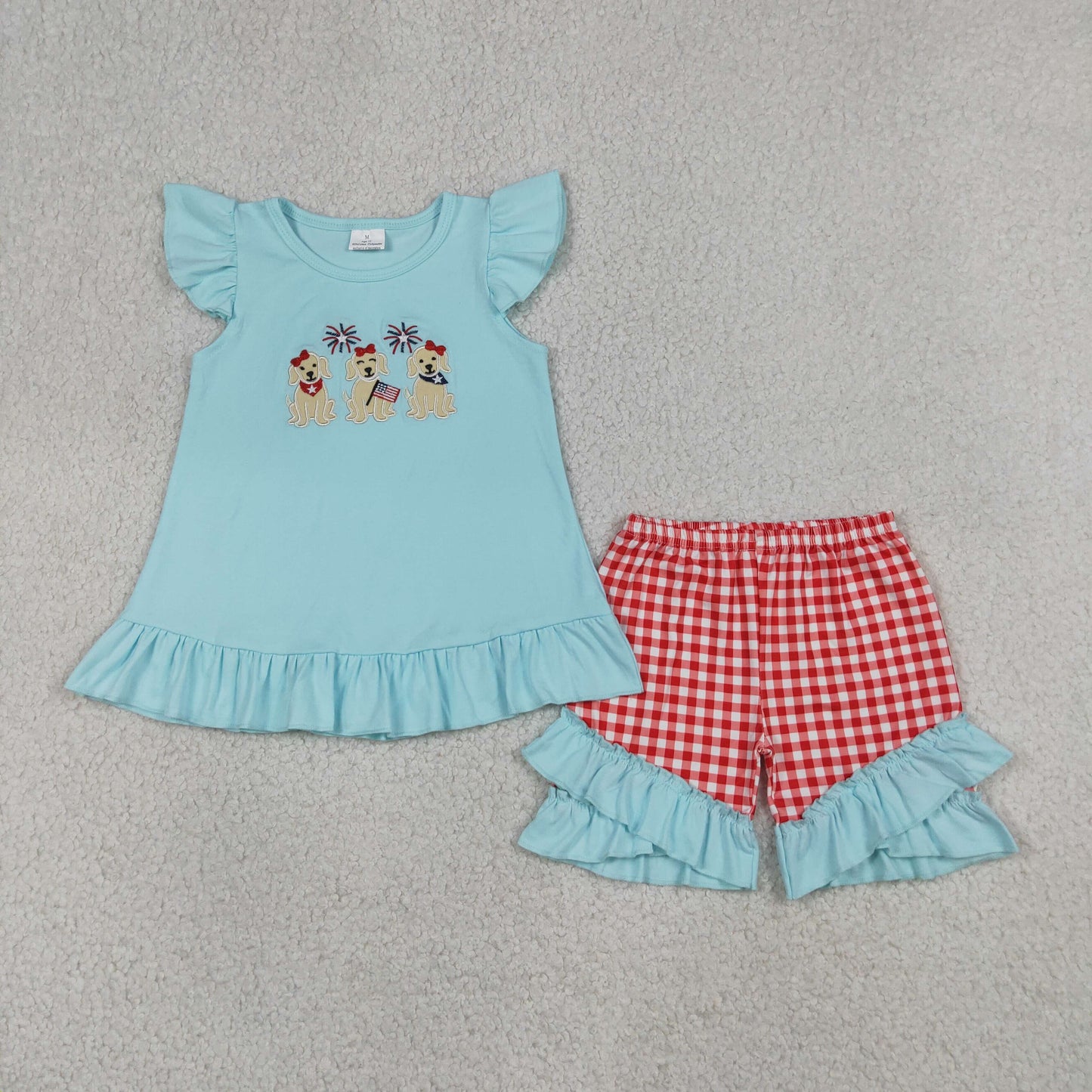 Sibling Baby Kids Embroidery Dogs Flags Shirt Shorts 4th of July Clothes Set Rompers