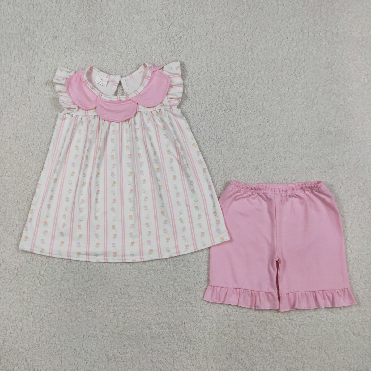 GSSO3363 Baby Girls Flutter Sleeve Pink Flowers Stripe Collar Tunic Ruffle Short Clothes Set