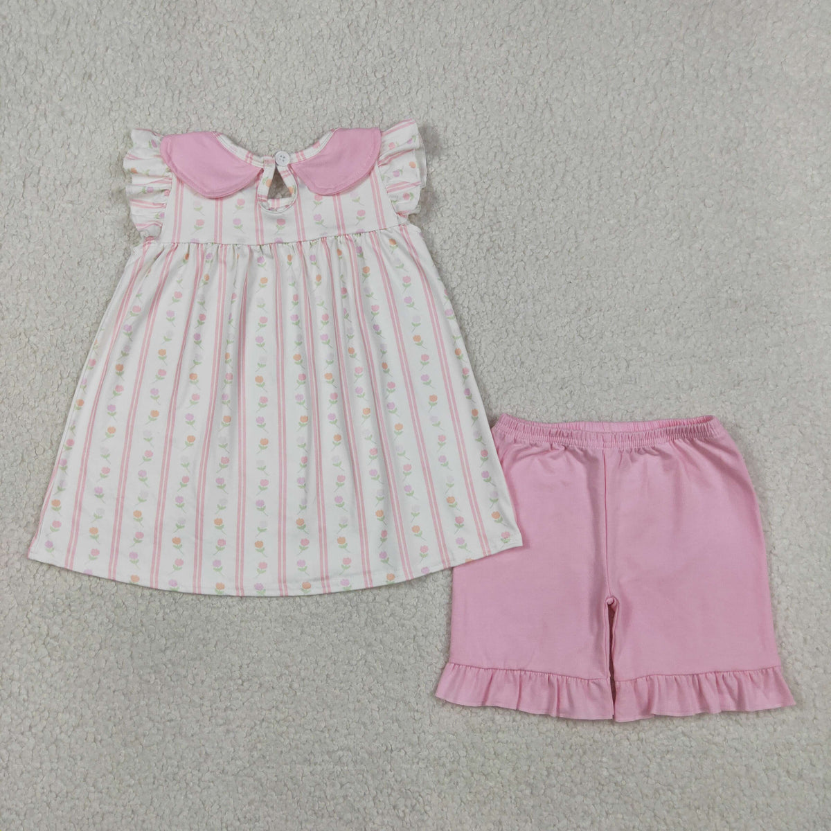 GSSO3363 Baby Girls Flutter Sleeve Pink Flowers Stripe Collar Tunic Ruffle Short Clothes Set