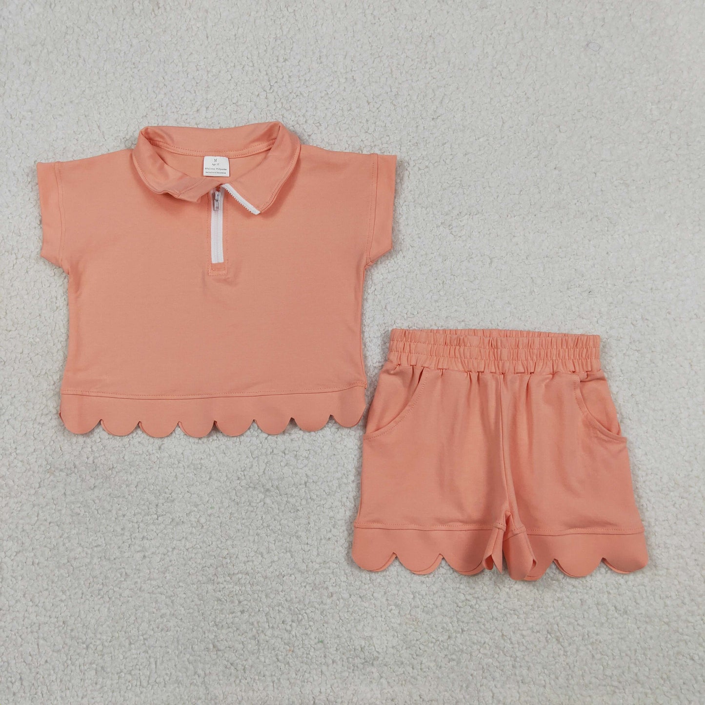 Sibling Baby Girls Short Sleeve Zip Pullovers Top Pockets Short Scallop Clothes Sets