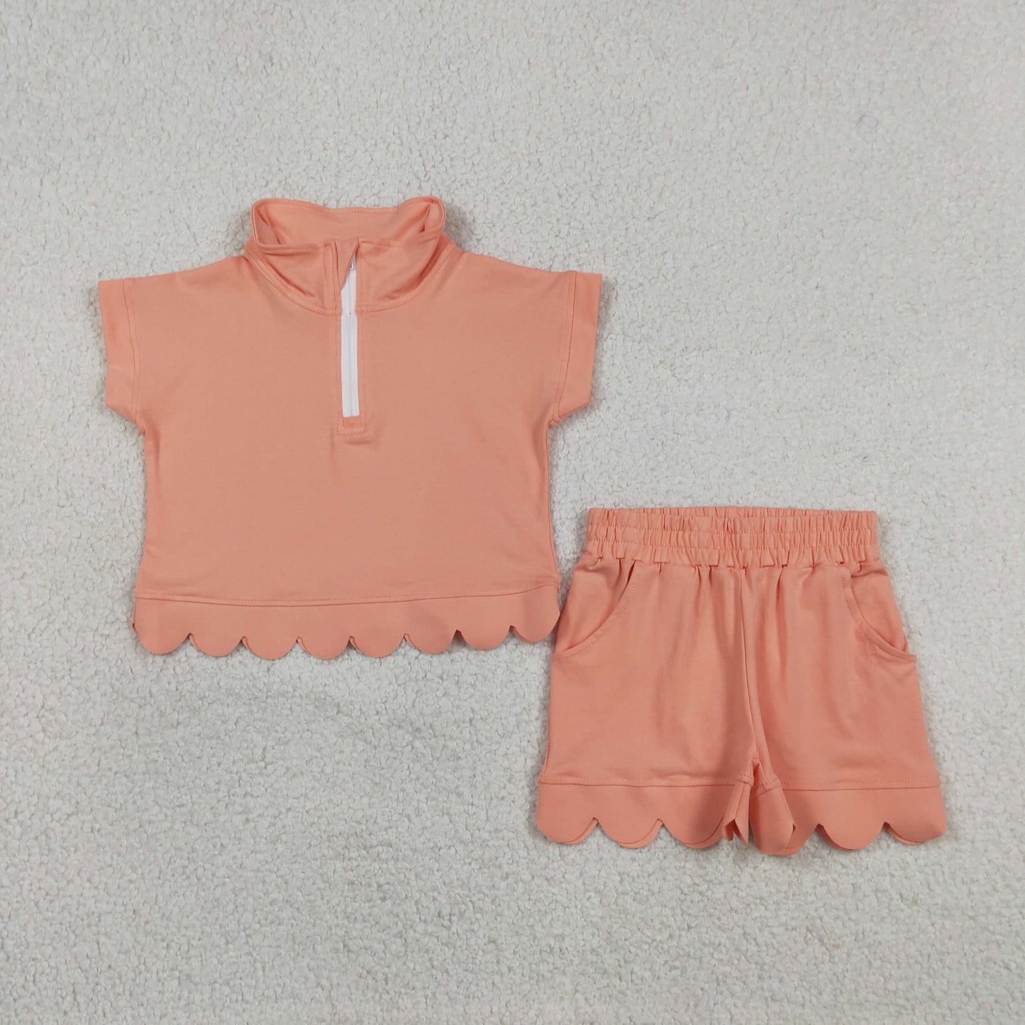 Sibling Baby Girls Short Sleeve Zip Pullovers Top Pockets Short Scallop Clothes Sets