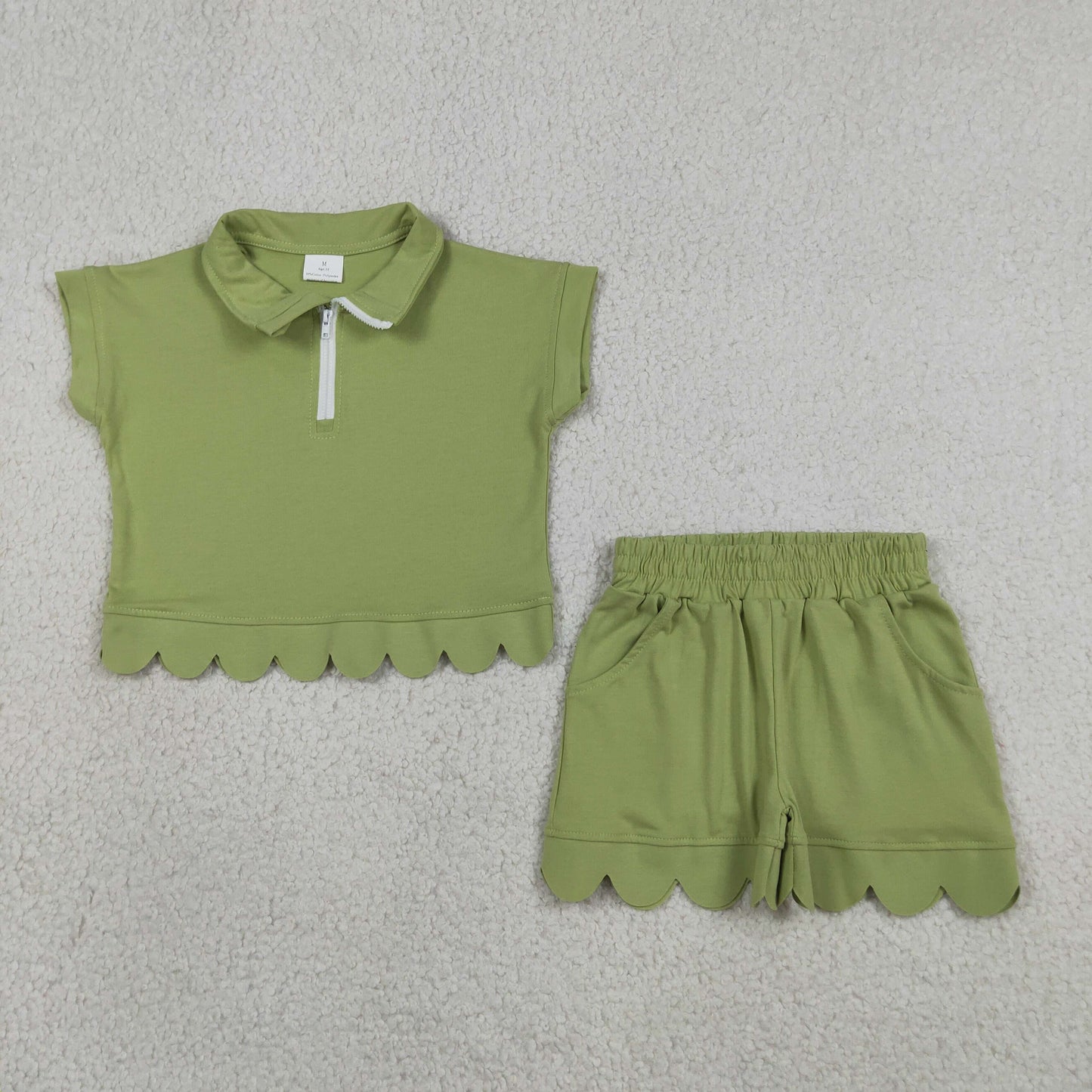 Sibling Baby Girls Short Sleeve Zip Pullovers Top Pockets Short Scallop Clothes Sets