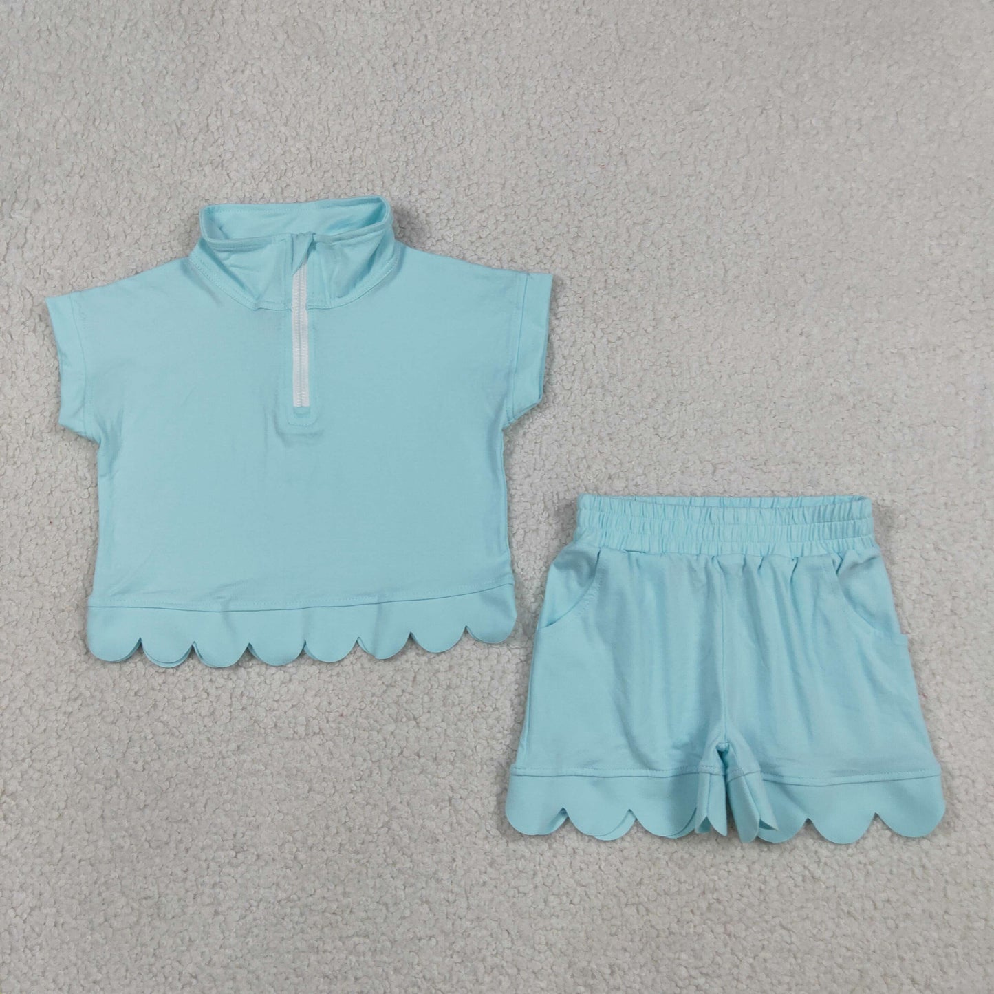 Sibling Baby Girls Short Sleeve Zip Pullovers Top Pockets Short Scallop Clothes Sets