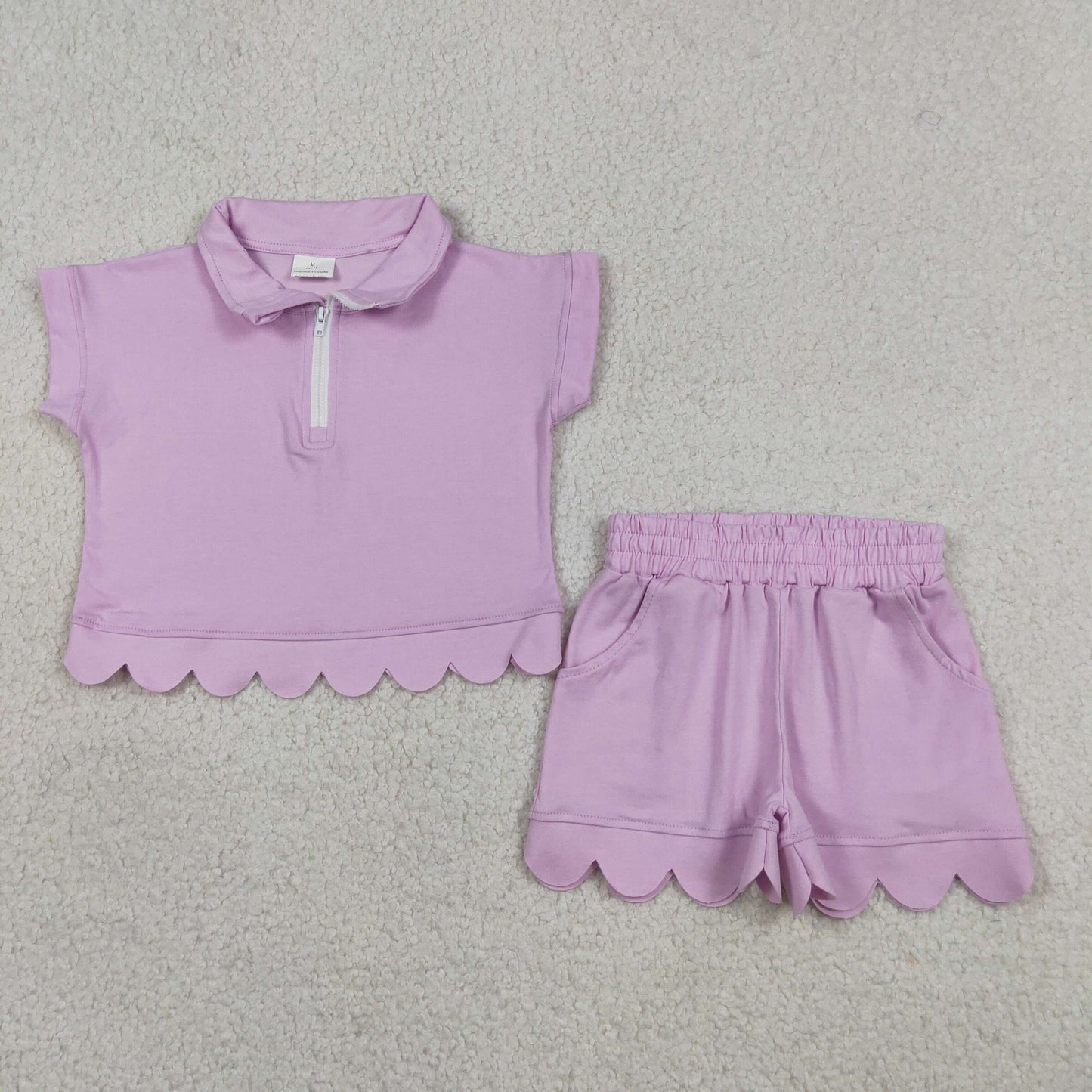 Sibling Baby Girls Short Sleeve Zip Pullovers Top Pockets Short Scallop Clothes Sets
