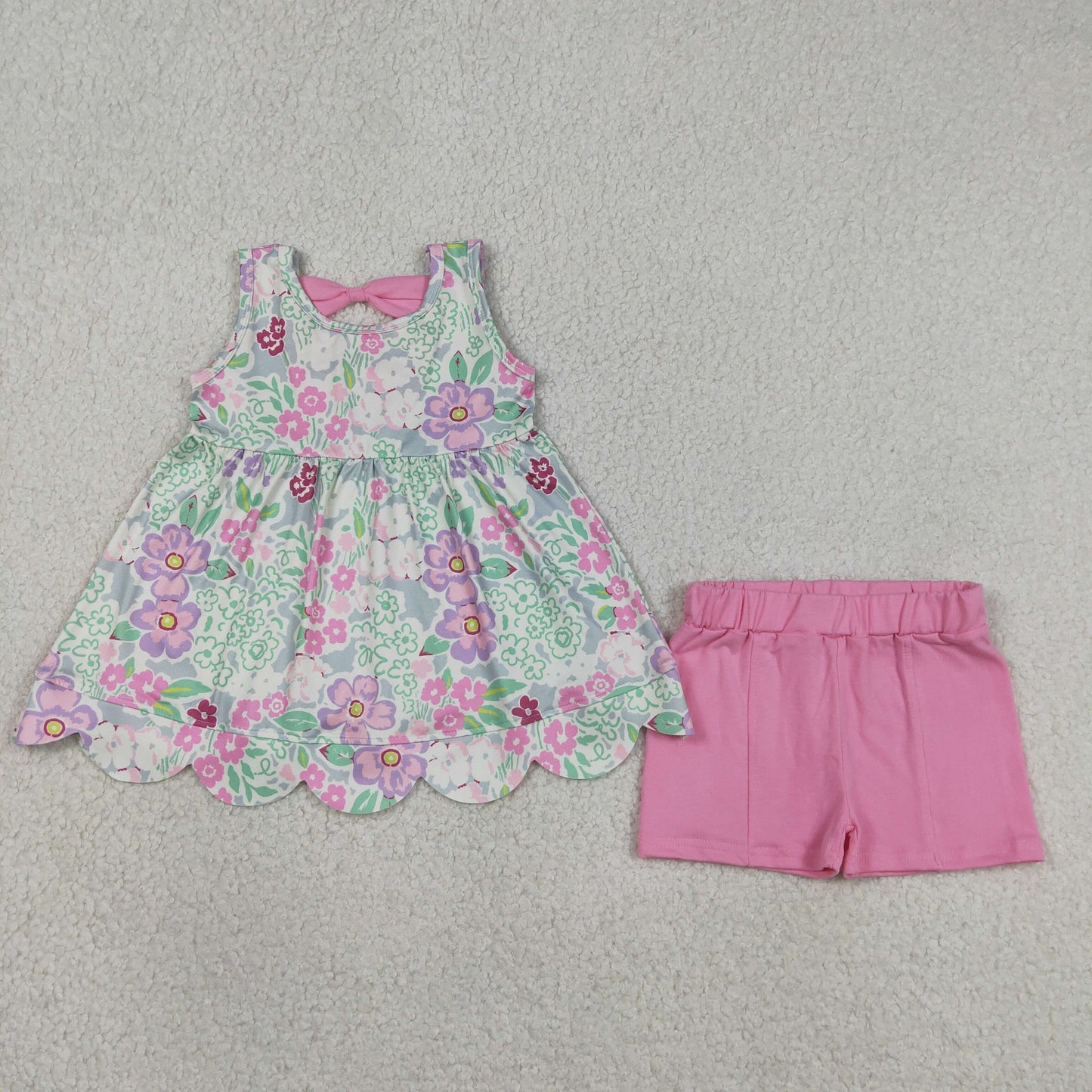 Sibling Baby Girls Colorful Bows Flowers Scallop Tunic Ruffle Shorts Clothes Sets