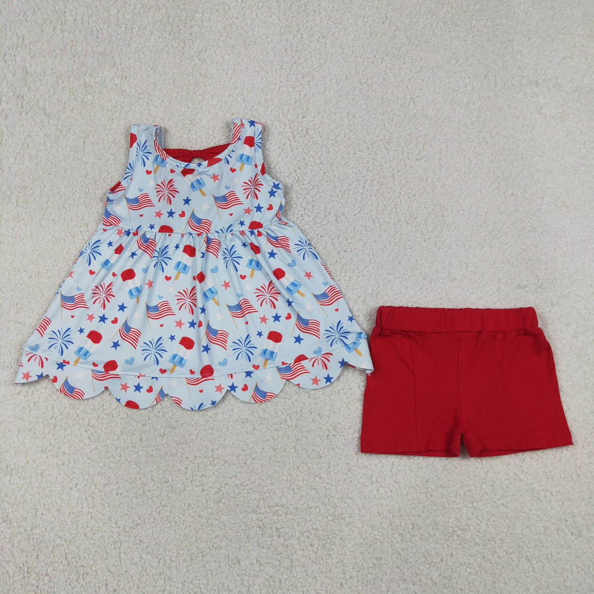 GSSO3386 Baby Girls Flags Fireworks Scallop Tunic Short 4th of July Clothes Set