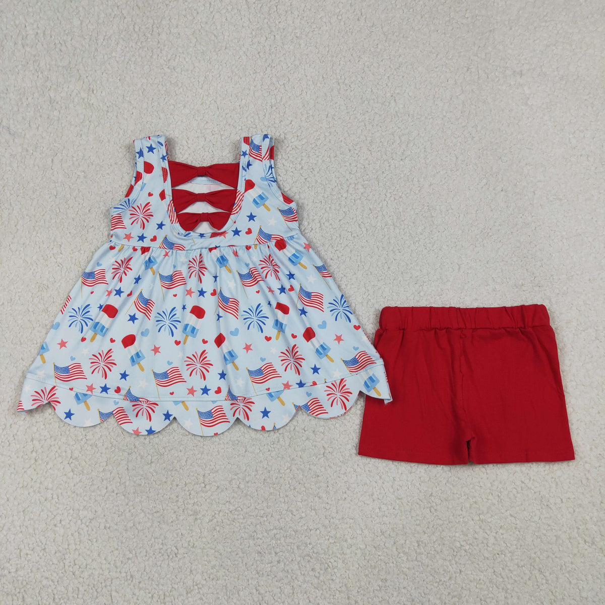 GSSO3386 Baby Girls Flags Fireworks Scallop Tunic Short 4th of July Clothes Set