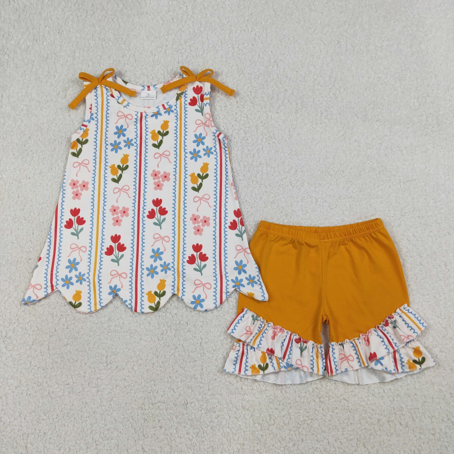GSSO3388 Baby Colorful Flowers Bows Stripe Tunic Ruffle Shorts Clothes Sets
