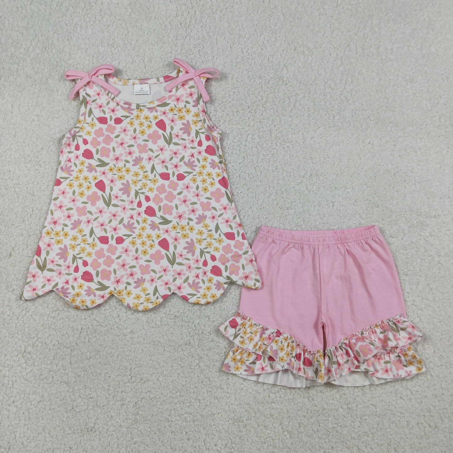 Sibling Baby Girls Colorful Flowers Scallop Tunic Ruffle Short Clothes Sets