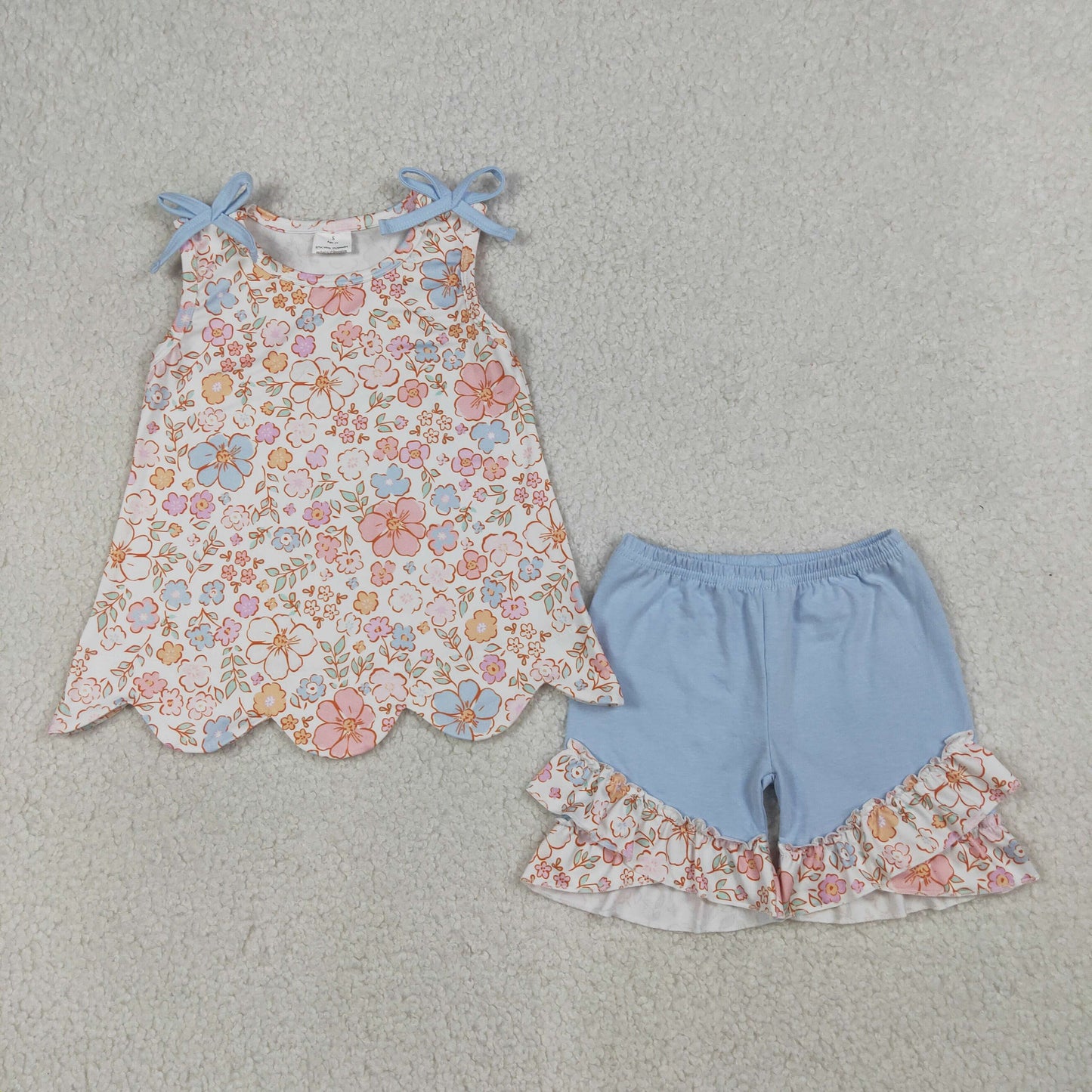 Sibling Baby Girls Colorful Flowers Scallop Tunic Ruffle Short Clothes Sets