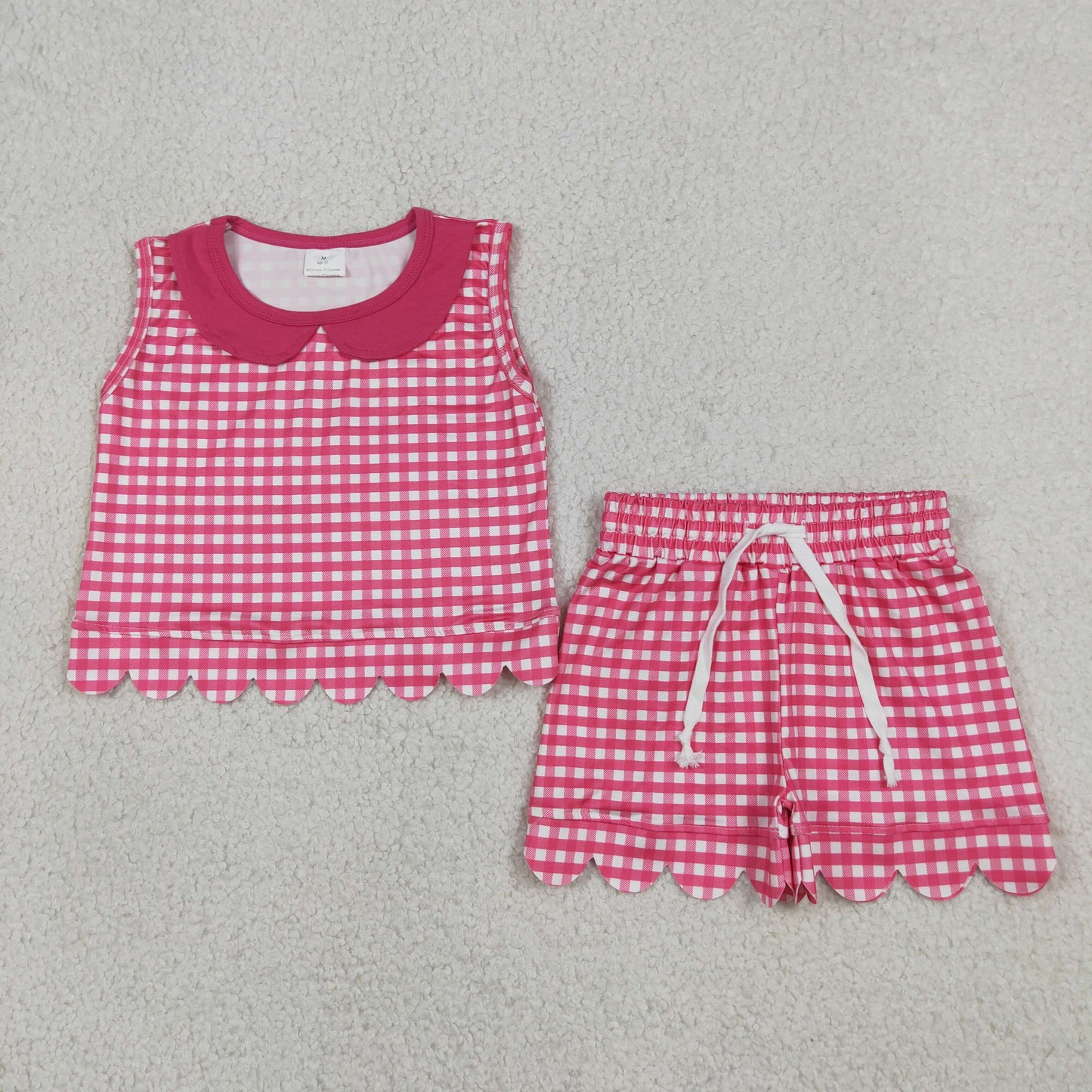 Sibling Baby Girls Short Sleeve Collar Checked Top Pockets Shorts Scallop Clothes Sets