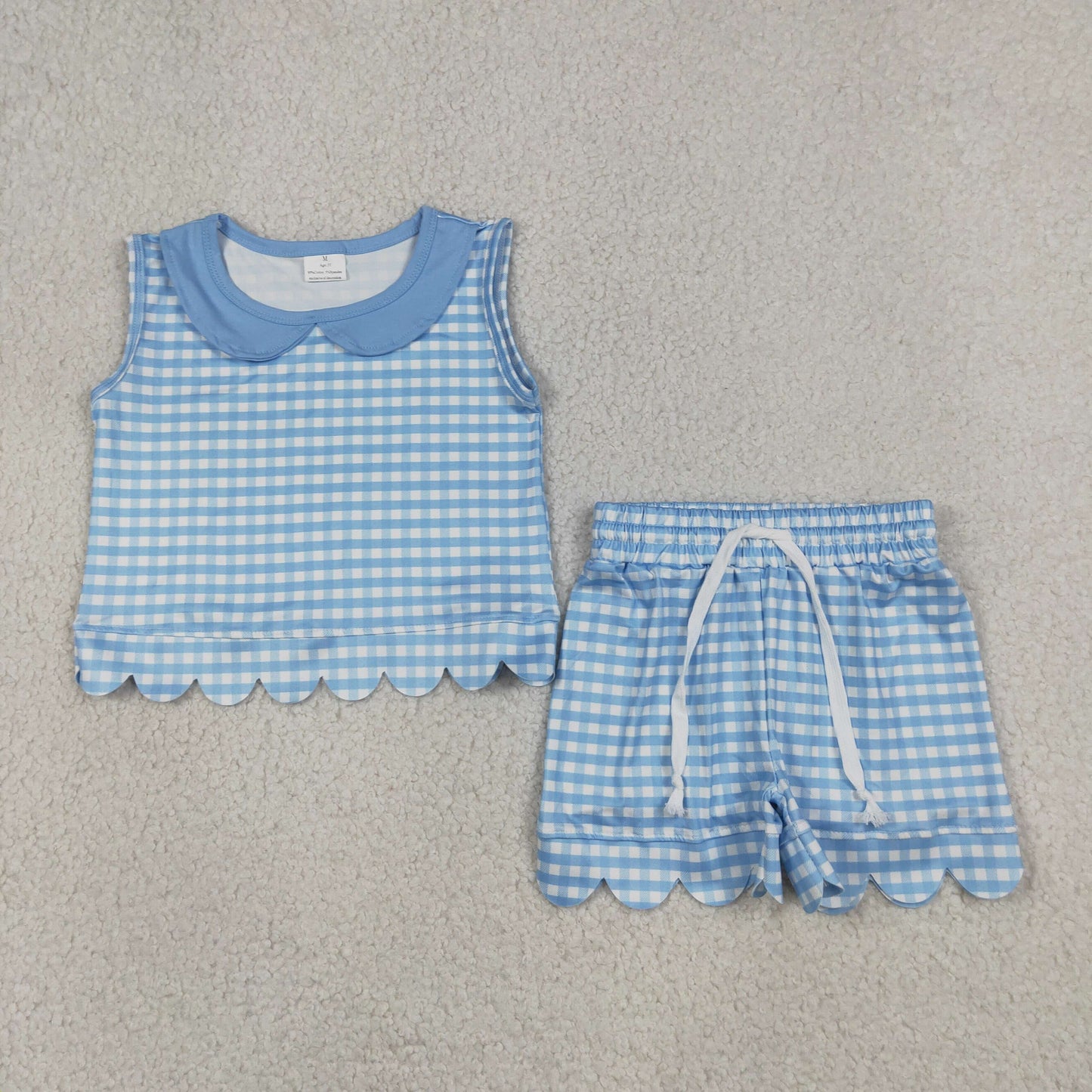 Sibling Baby Girls Short Sleeve Collar Checked Top Pockets Shorts Scallop Clothes Sets