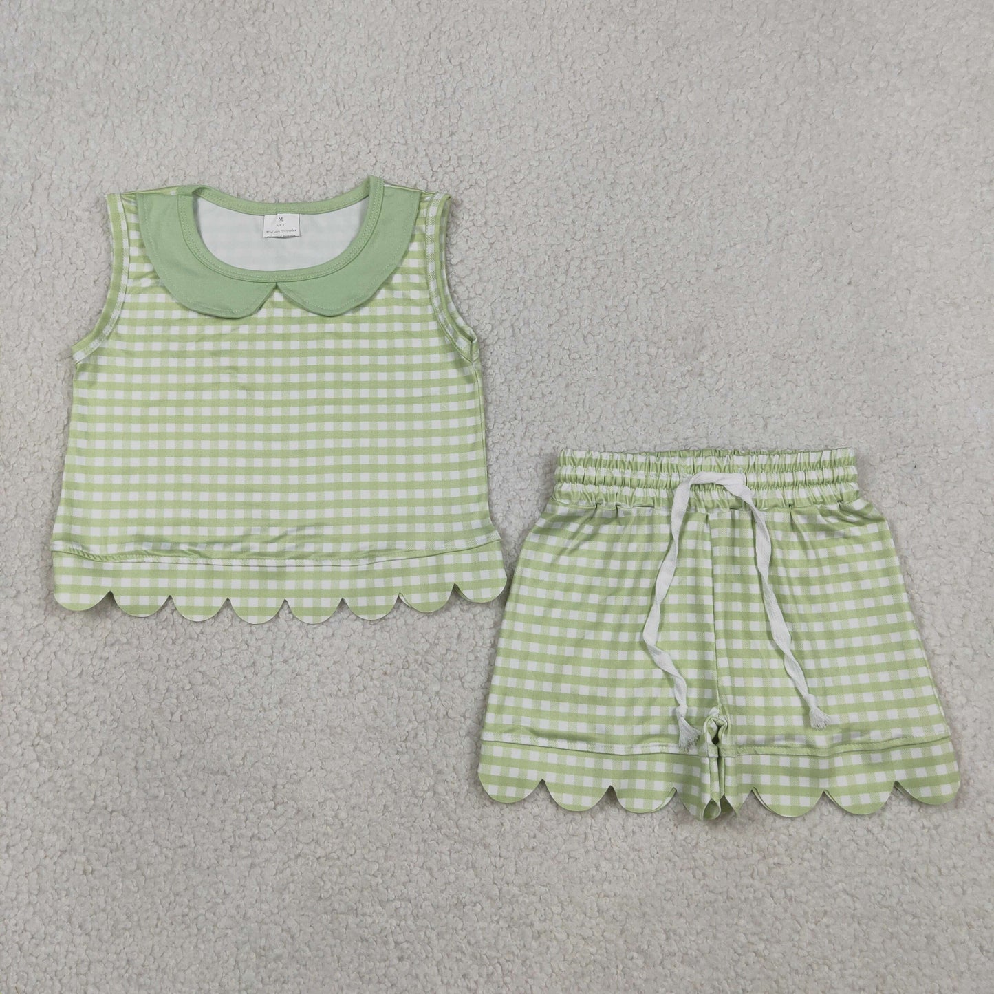Sibling Baby Girls Short Sleeve Collar Checked Top Pockets Shorts Scallop Clothes Sets