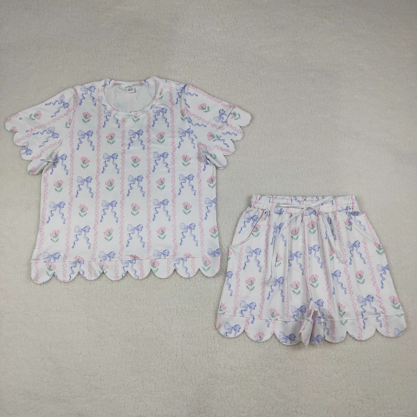 Mama and Me Girls Bows Flowers Stripe Top Pockets Short Scallop Clothes Sets