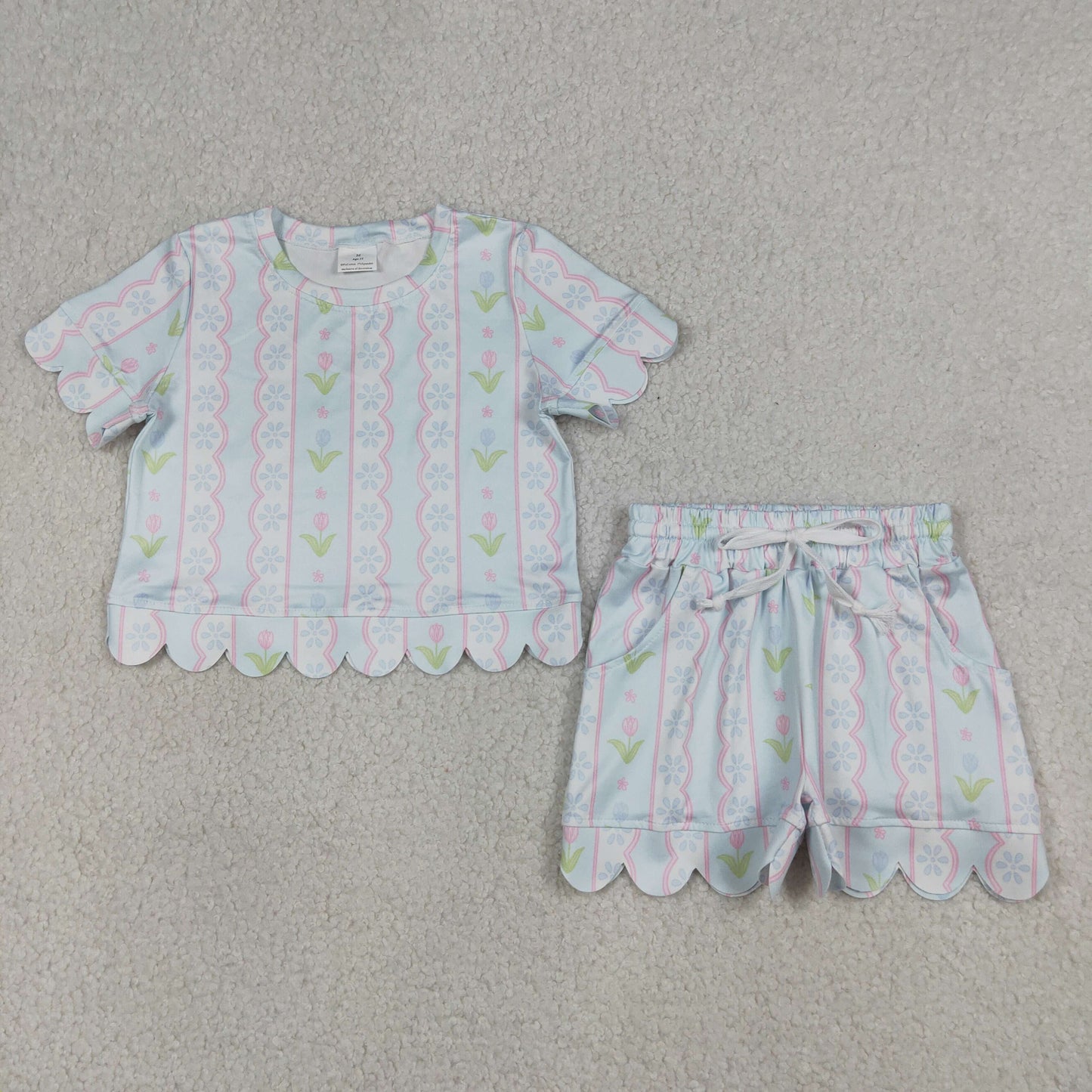 Sibling Baby Girls Colorful Flowers Top Pockets Shorts Scallop Clothes Sets