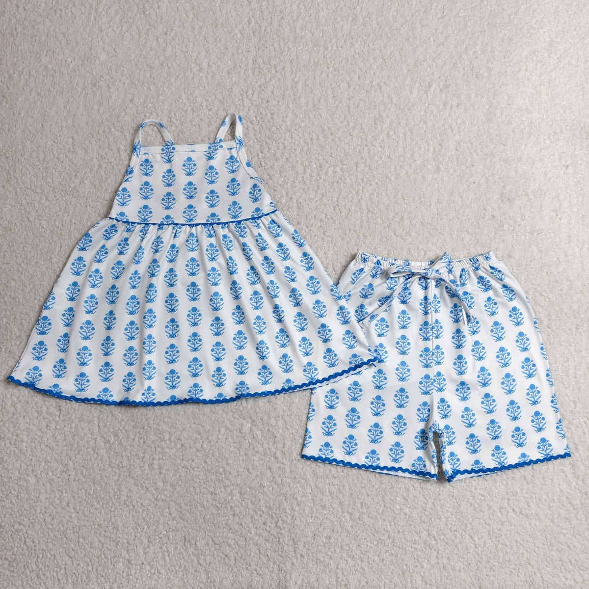 GSSO3416 Baby Girls Strap Blue Flowers Stripe Tunic Short Clothes Set