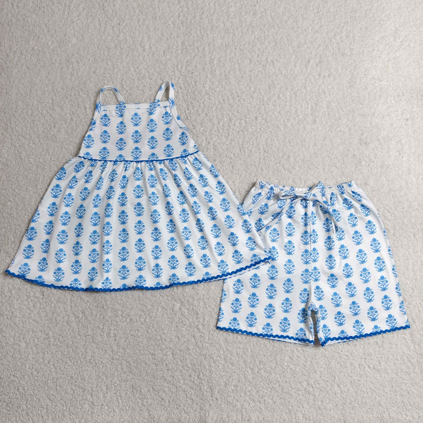 Sibling Baby Girls Strap Flowers Polka Dots Checked Tunic Short Clothes Sets