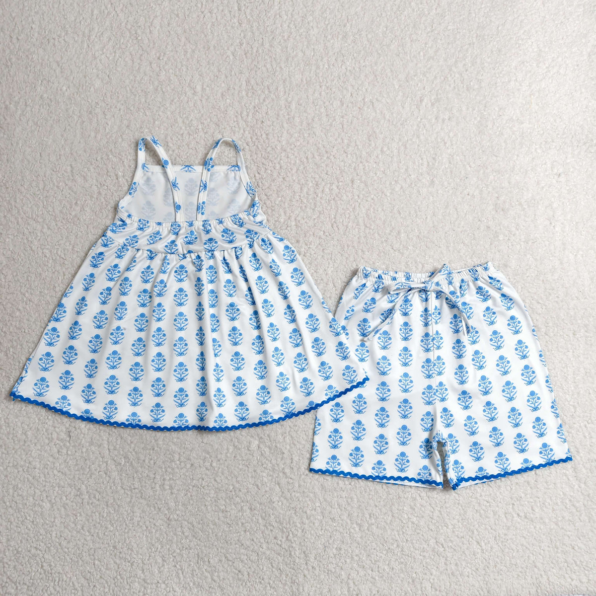 GSSO3416 Baby Girls Strap Blue Flowers Stripe Tunic Short Clothes Set