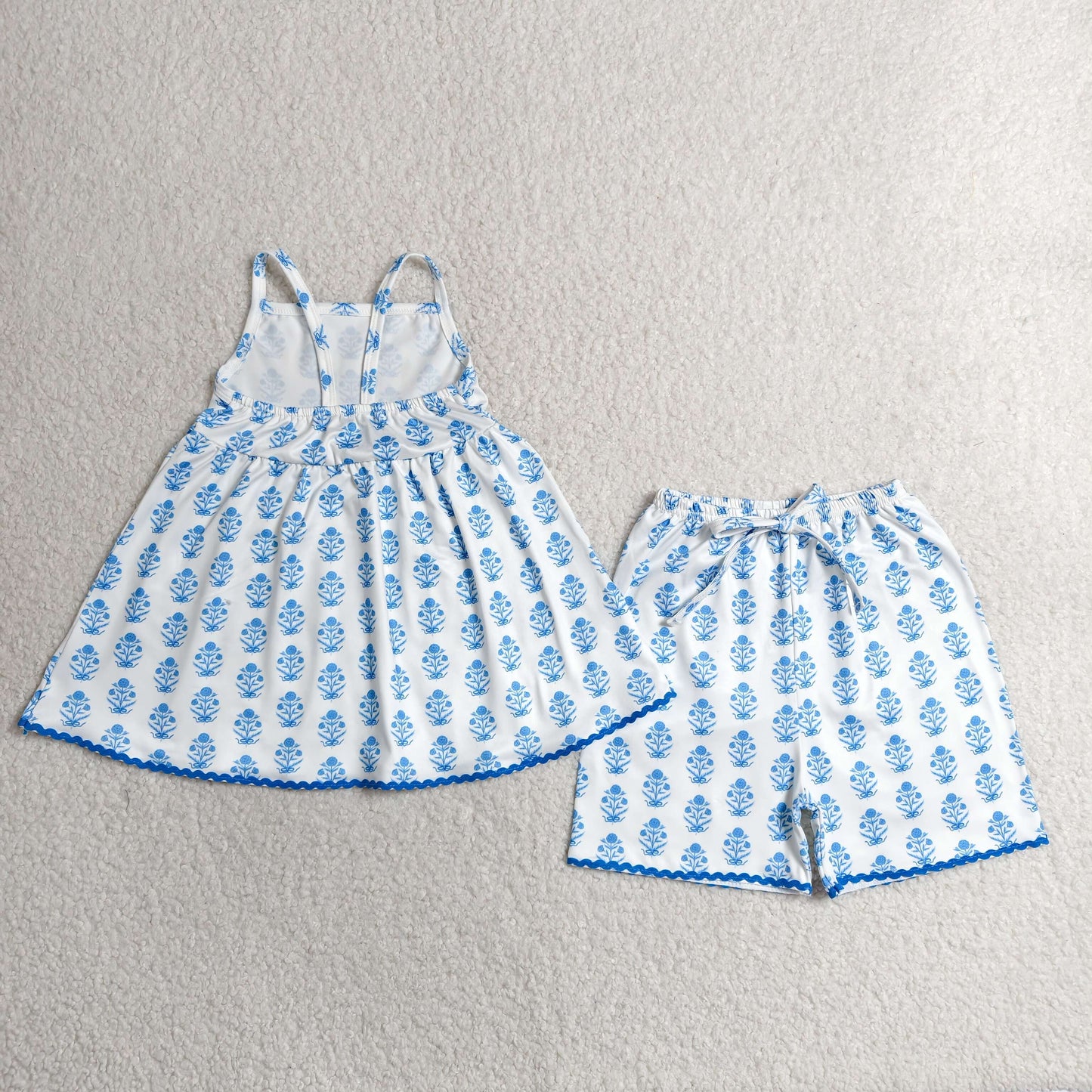 Sibling Baby Girls Strap Flowers Polka Dots Checked Tunic Short Clothes Sets