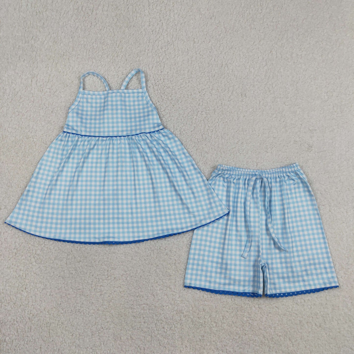 Sibling Baby Girls Strap Flowers Polka Dots Checked Tunic Short Clothes Sets