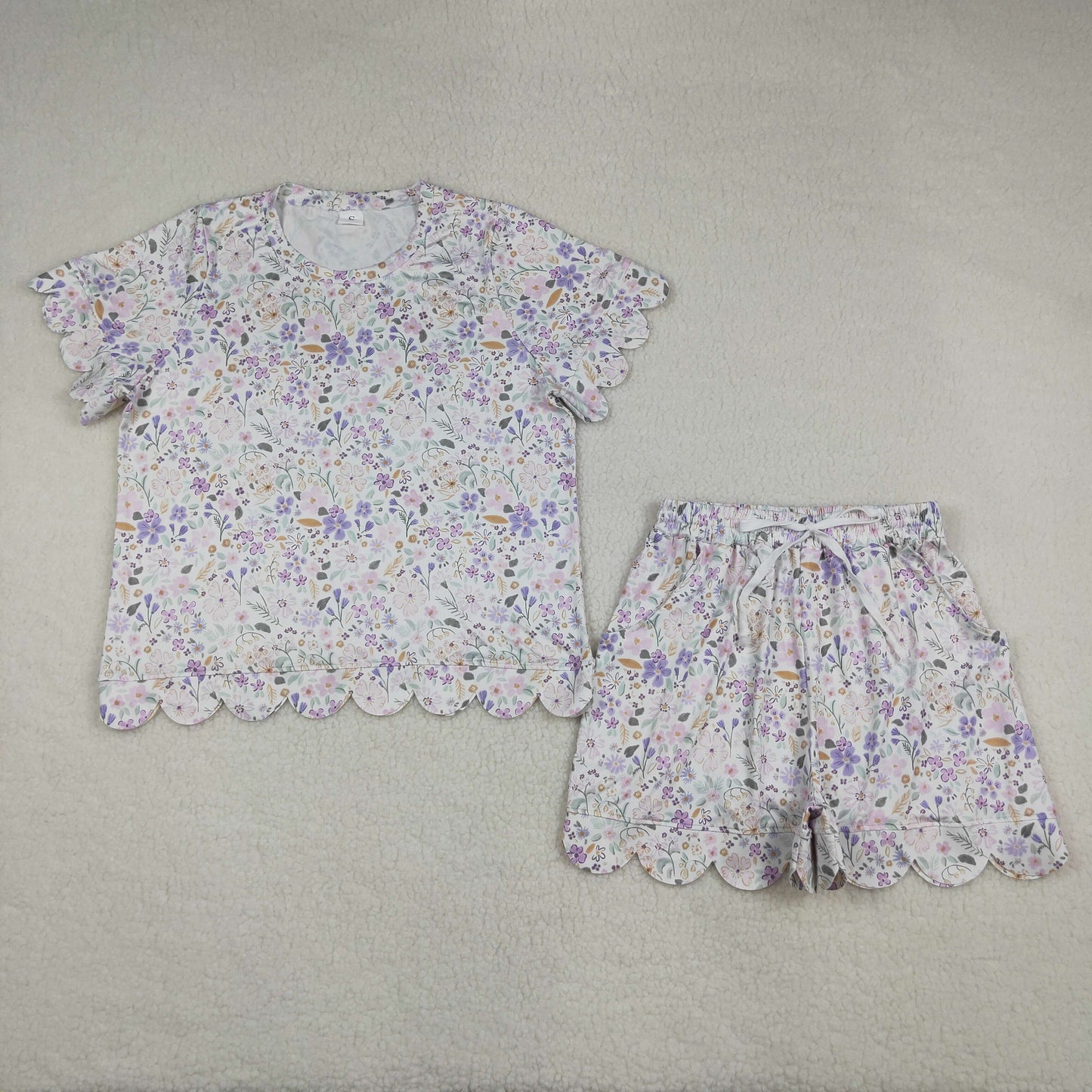 Mama and Me Girls Colorful Flowers Top Pockets Short Scallop Clothes Sets