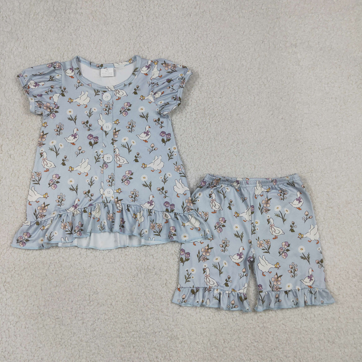 GSSO3433 Baby Girls Short Sleeve Flowers Gooses Button Tunic Ruffle Short Clothes Set