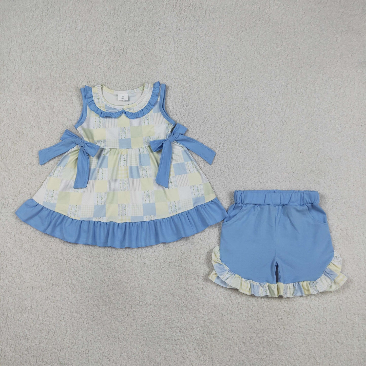 Sibling Baby Boys Girls Flowers Checked Tunic Short Clothes Sets