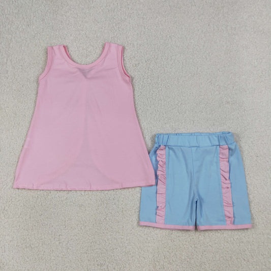 GSSO3462 Baby Girls Sleeveless Pink Blue Babk Bow Tunic Ruffle Short Clothes Set