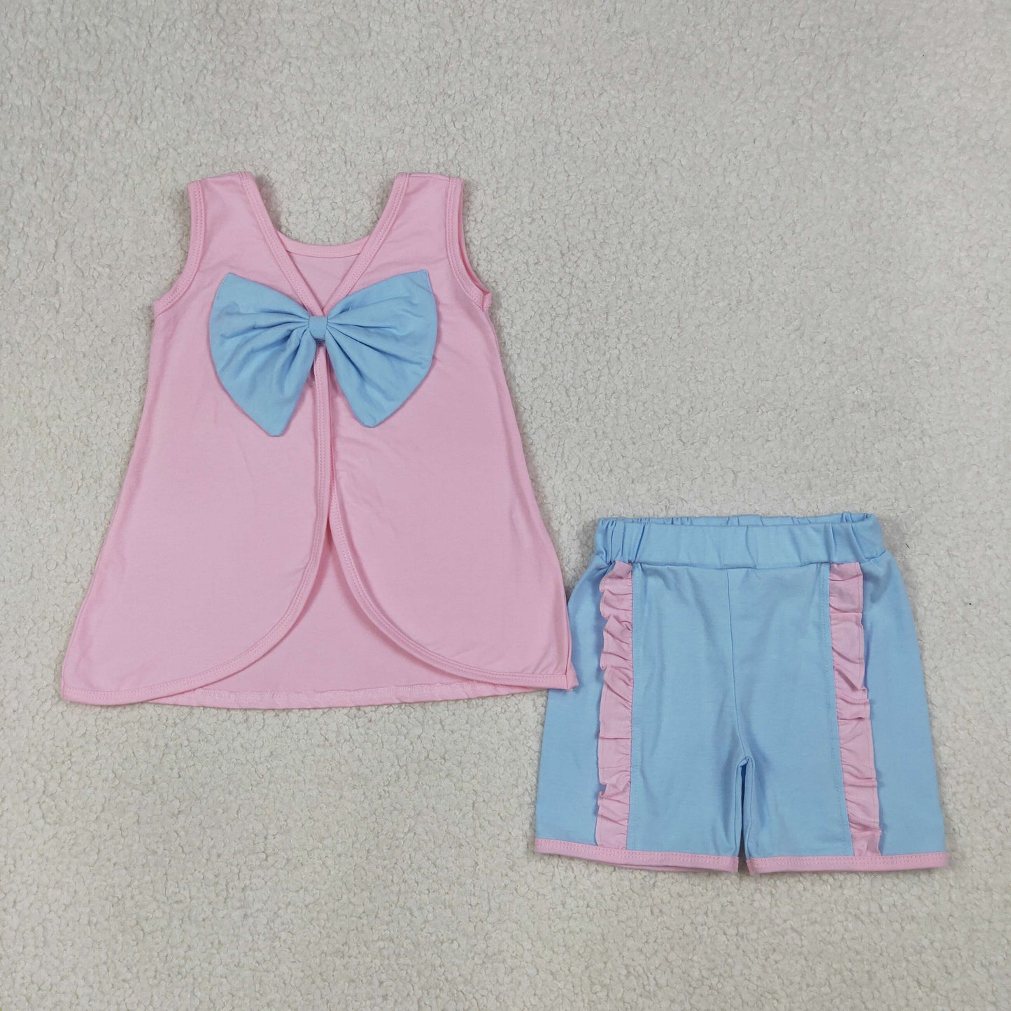 GSSO3462 Baby Girls Sleeveless Pink Blue Babk Bow Tunic Ruffle Short Clothes Set