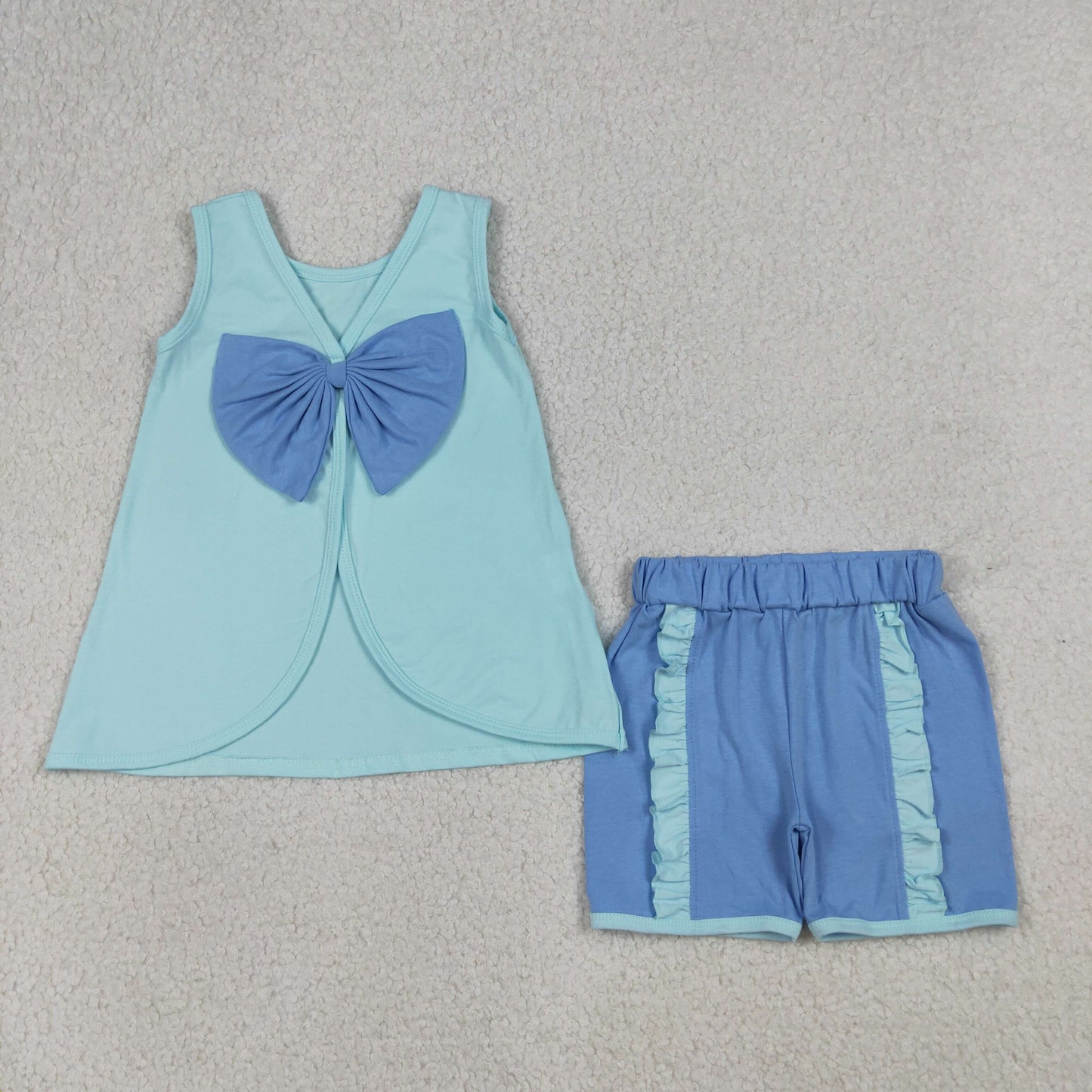 GSSO3463 Baby Girls Sleeveless Blue Babk Bow Tunic Ruffle Short Clothes Set