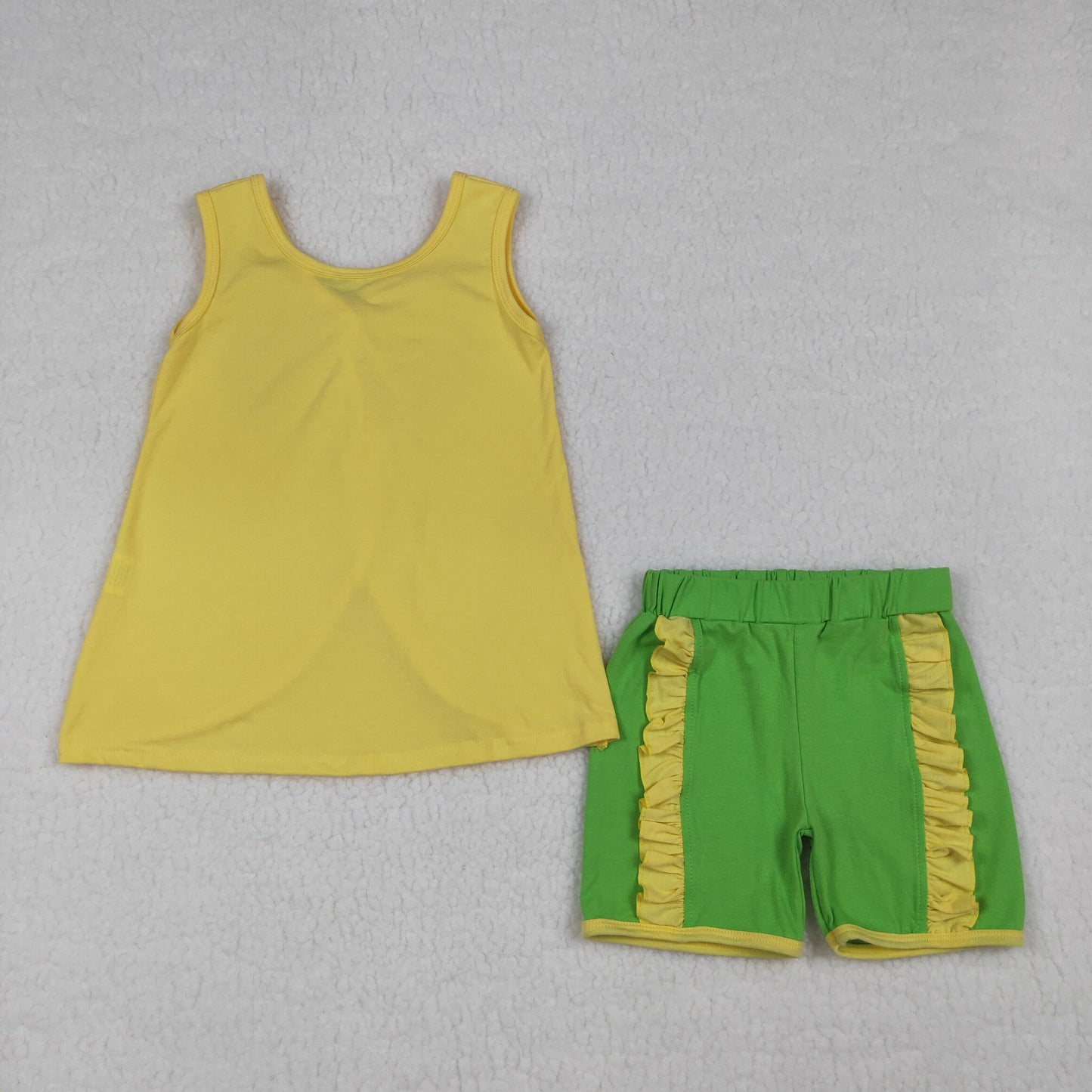 GSSO3464 Baby Girls Sleeveless Yellow Green Babk Bow Tunic Ruffle Short Clothes Set