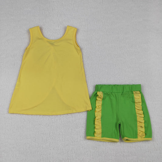 GSSO3464 Baby Girls Sleeveless Yellow Green Babk Bow Tunic Ruffle Short Clothes Set